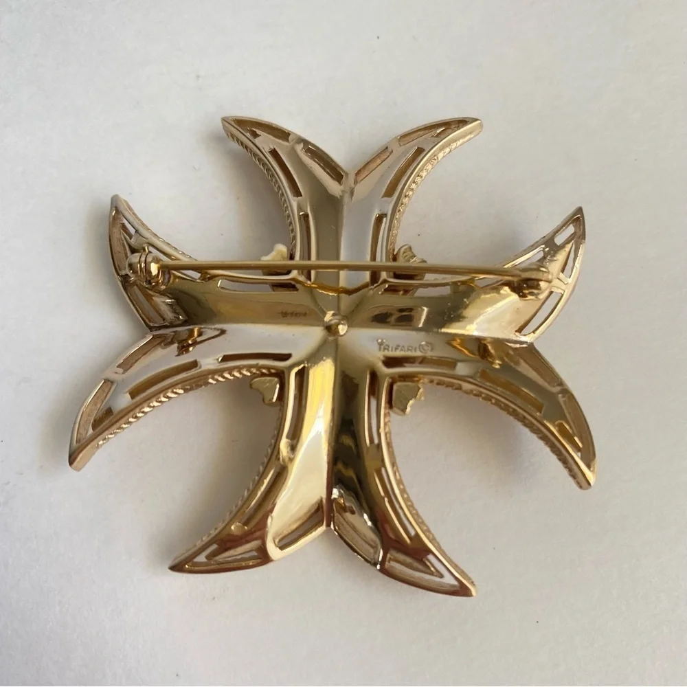Crown Trifari Maltese Cross Brooch Textured Gold Tone Estate Piece 1960s Vintage